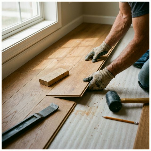 Punëtor duke instaluar parket